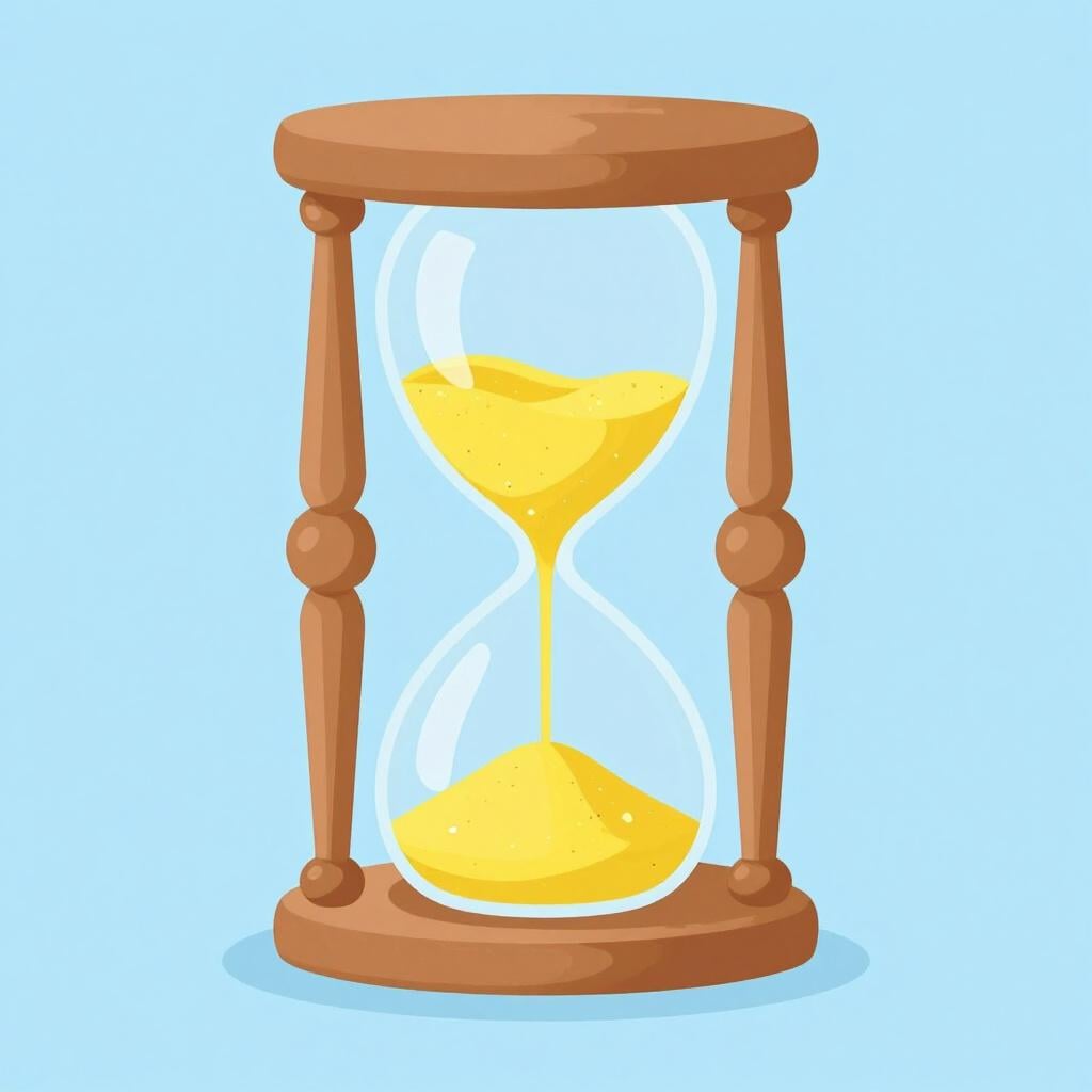 A simple hourglass with golden sand flowing from the top bulb to the bottom bulb.