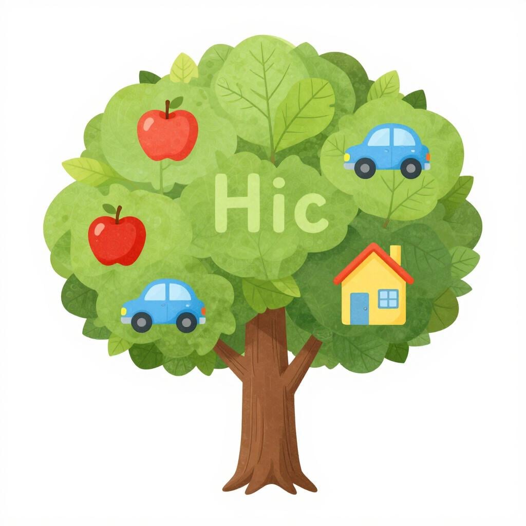 A colorful tree where the leaves are shaped like various familiar objects such as an apple, a car, and a house.