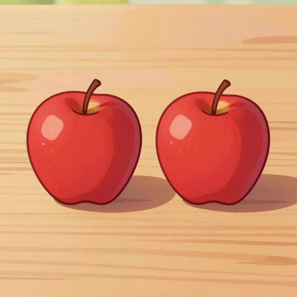 Two identical red apples sitting side-by-side on a wooden table for comparison.