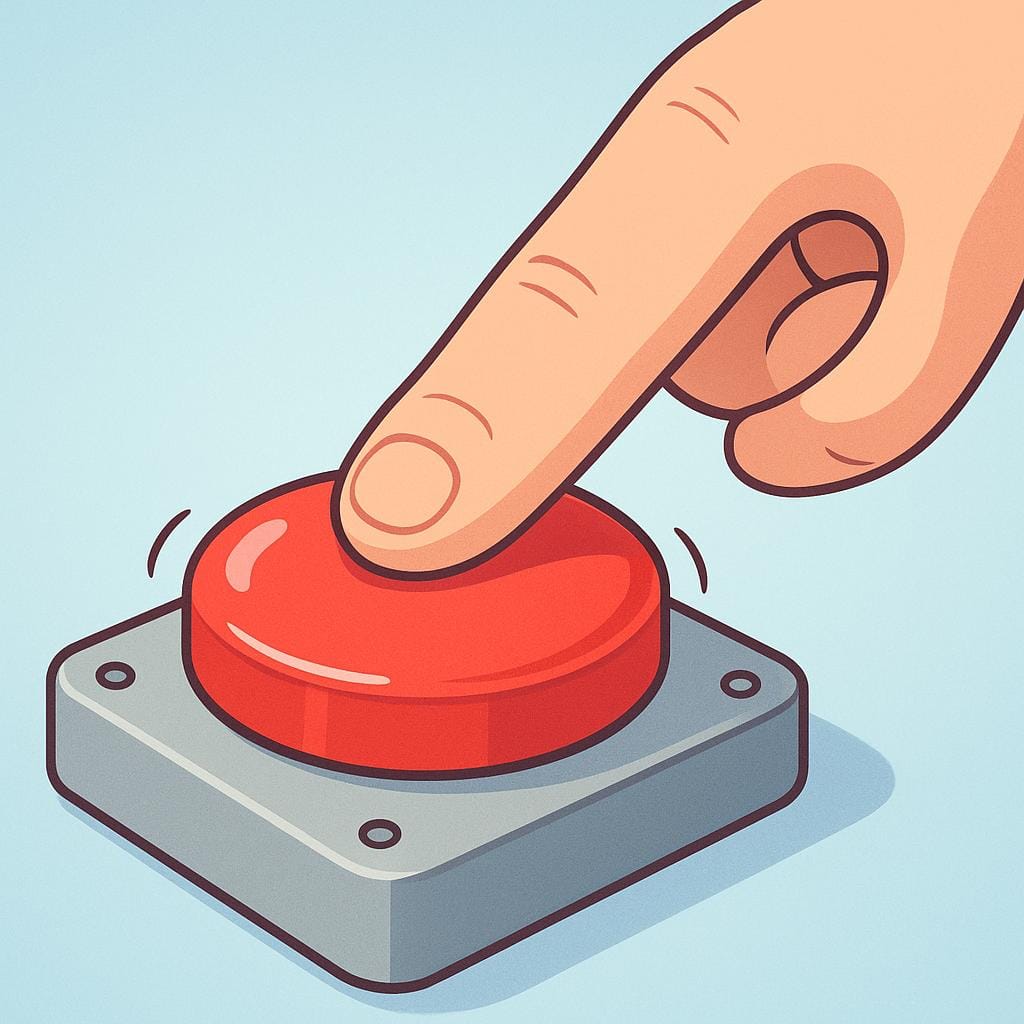 A cartoon index finger pressing down firmly on a large, prominent red circular button attached to a gray control box, symbolizing triggering a mechanism.