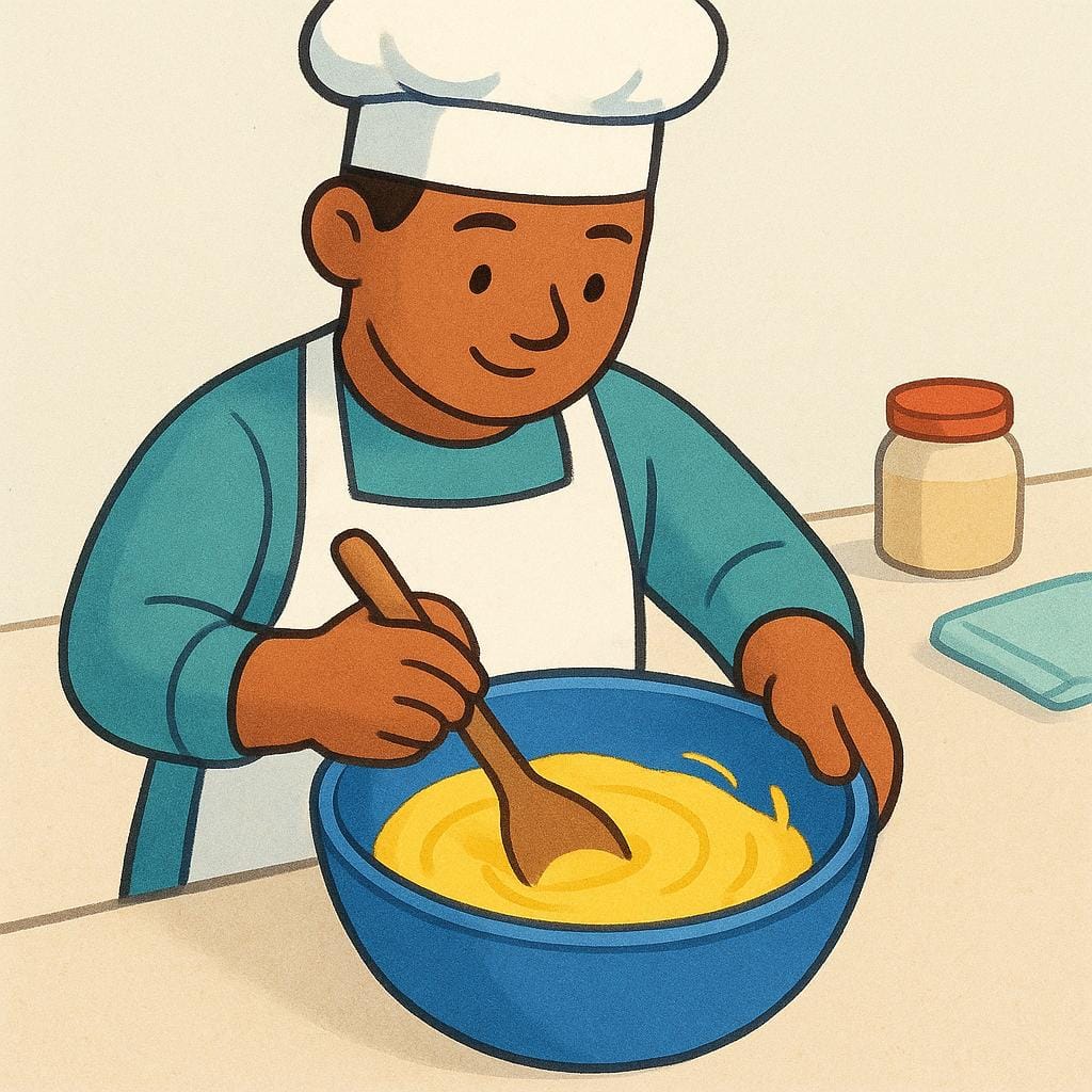 A person wearing an apron carefully stirring batter in a large mixing bowl on a kitchen counter, focusing on the act of getting food ready.