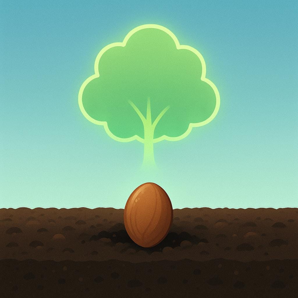 A tiny brown seed rests in dark, rich soil. Directly above the seed, a faint, glowing outline of a large, fully grown green tree symbolizes the potential held within.