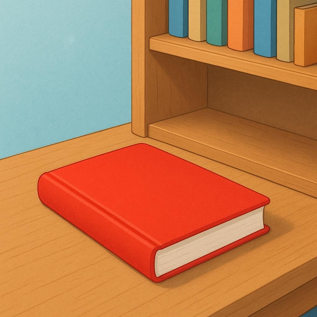 A single red book is resting on a wooden table, next to a bookshelf with a clear empty space where the book used to be.