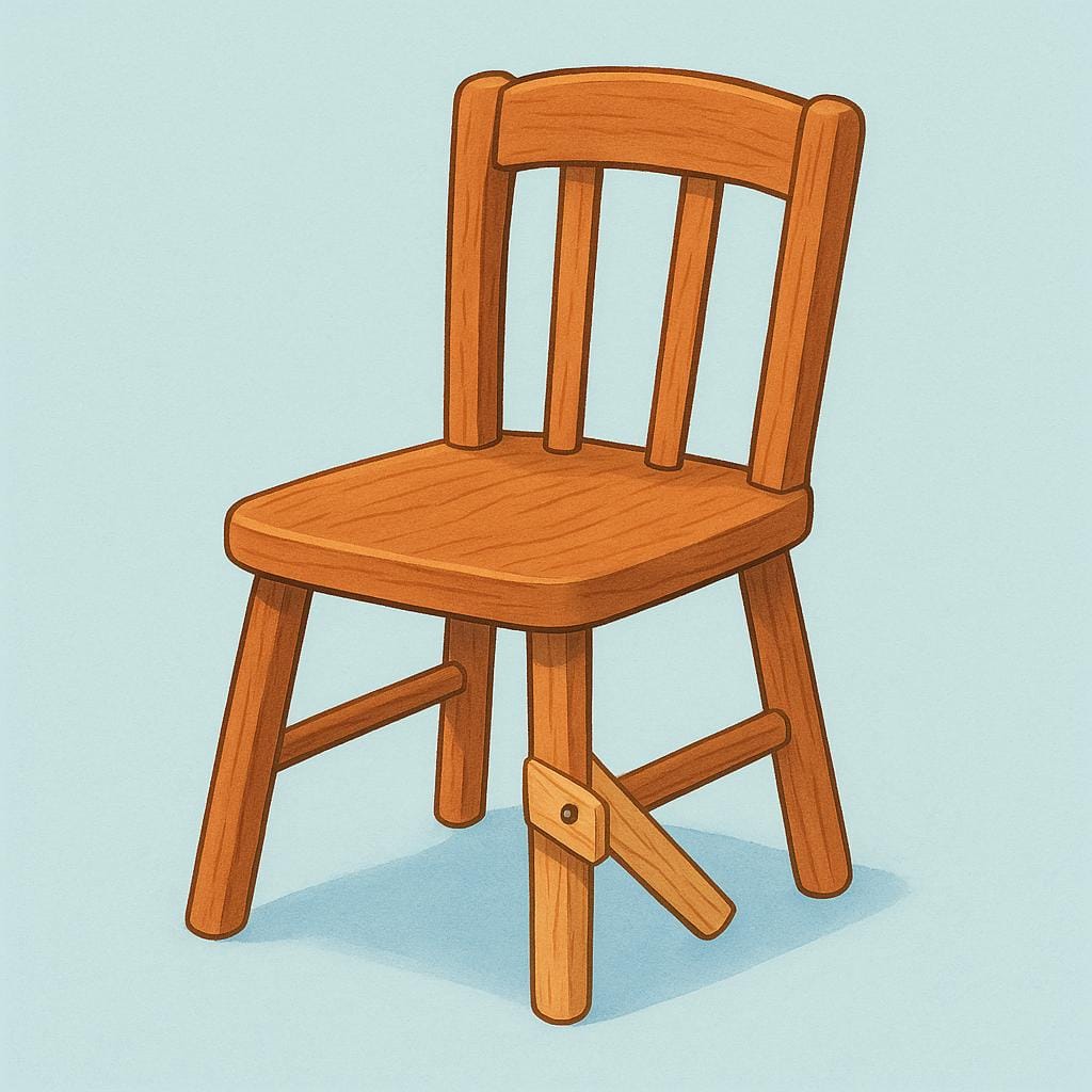 A simple wooden chair standing upright, showing a visible repair where one leg was broken and mended with a simple wooden brace.