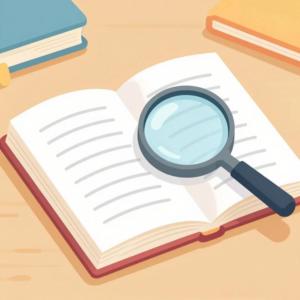 Un livre ouvert avec une loupe au-dessus d'une ligne de texte spécifique.