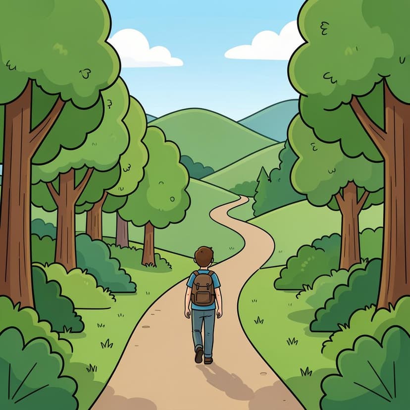 A hiker walking along a winding path through a green forest.