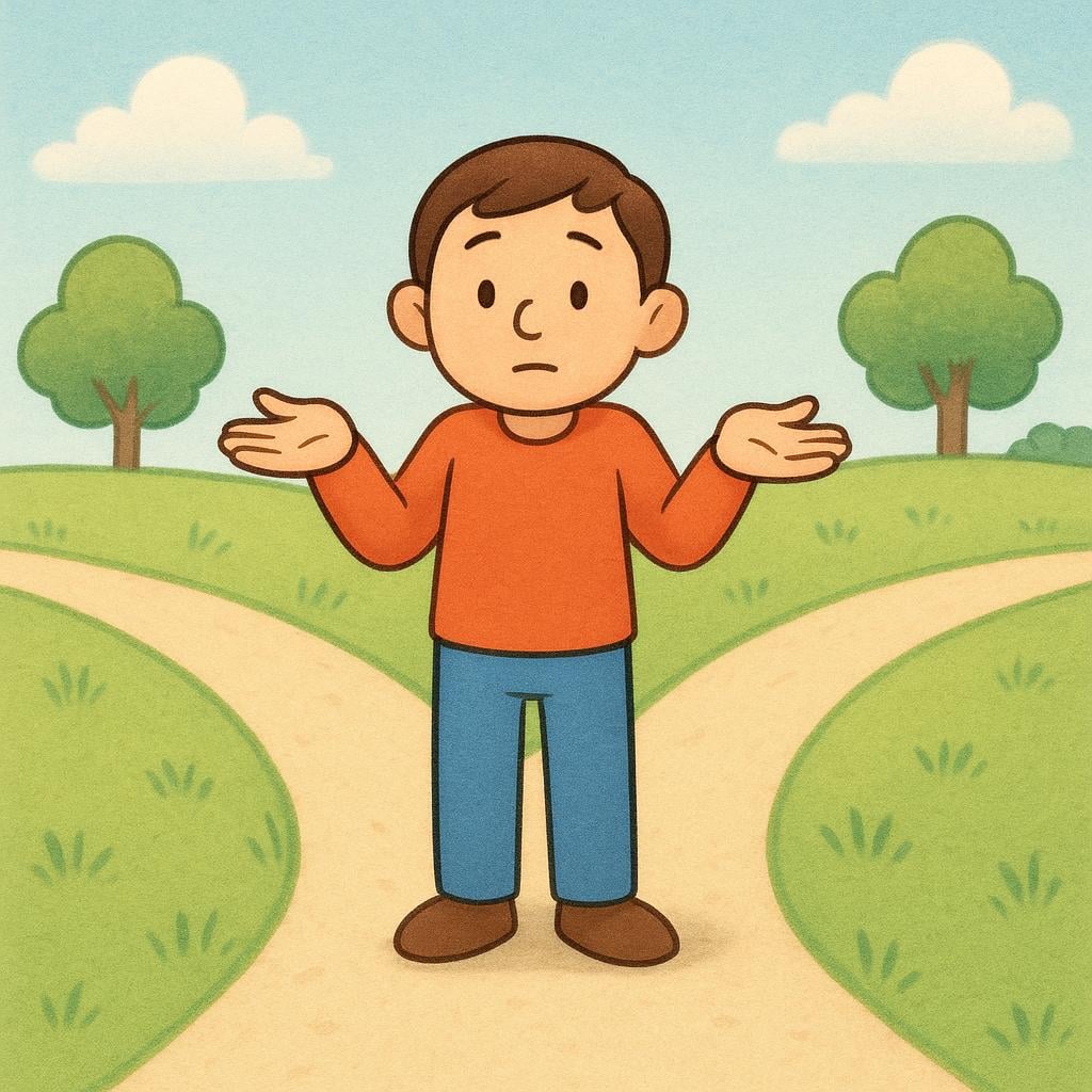 A friendly cartoon character standing at a fork in a road (one path left, one path right), shrugging their shoulders to indicate uncertainty or conditionality.