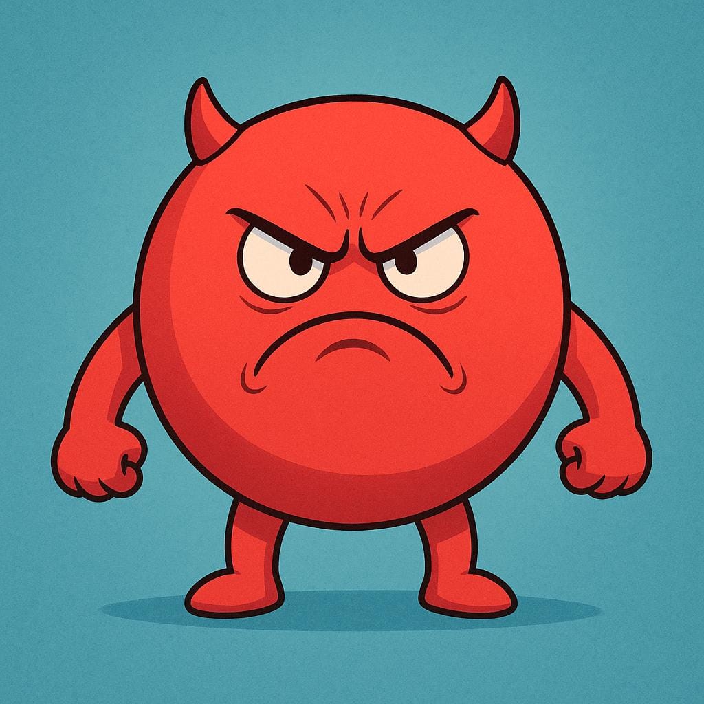 A brightly colored illustration of a small, round red monster with a fierce scowl and furrowed brow, clearly depicting intense anger.