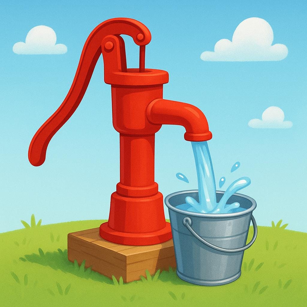 A bright red manual water pump with a long handle, actively pumping a stream of water into a metal bucket sitting on the ground.