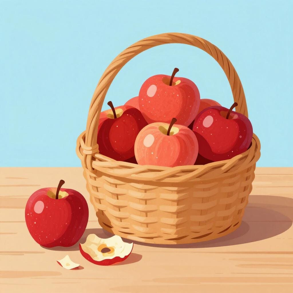 Un panier rempli de pommes, avec plusieurs épluchures de pommes sur le côté, représentant la quantité restante après traitement.