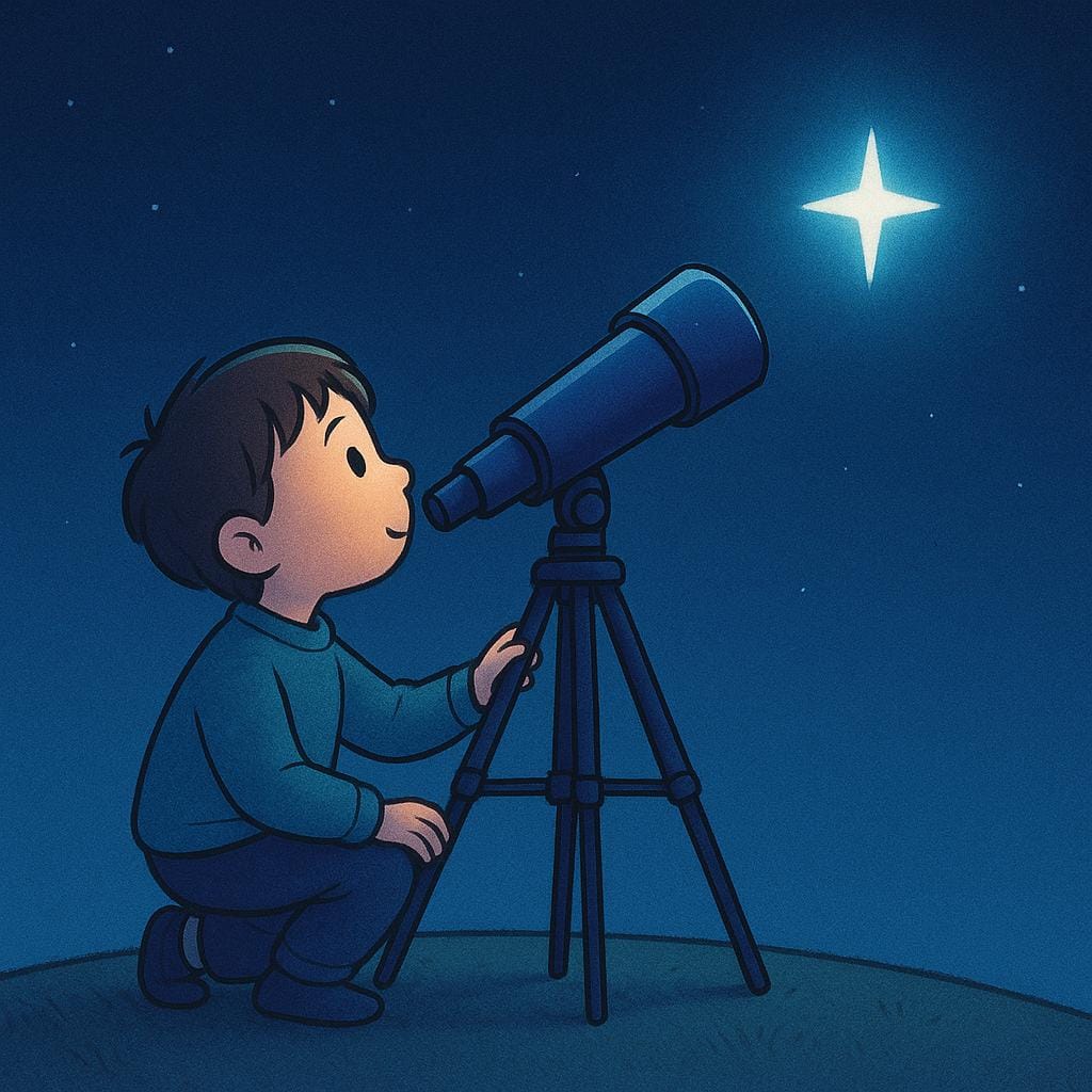 一人の子供が夜空の明るい星一つを大きなシンプルな望遠鏡で熱心に見つめている。