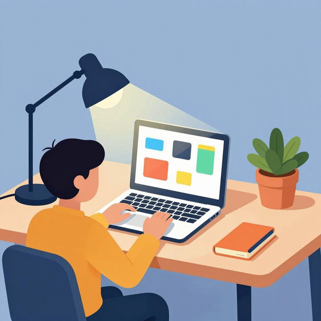 A person sitting at a desk with a glowing blue laptop screen showing colorful geometric blocks representing code.