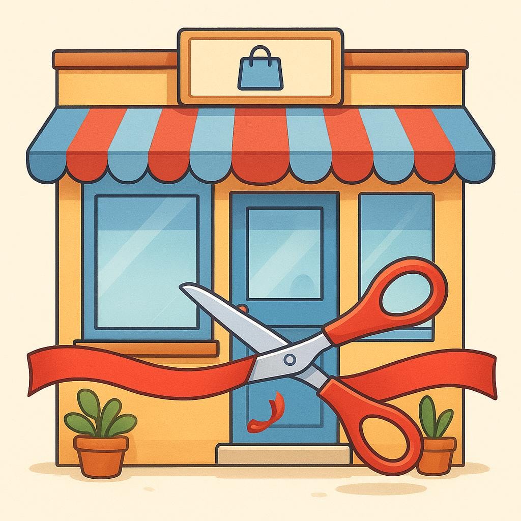 A cheerful illustration of a ribbon-cutting ceremony for a small, newly constructed building, symbolizing the launch of a new business.