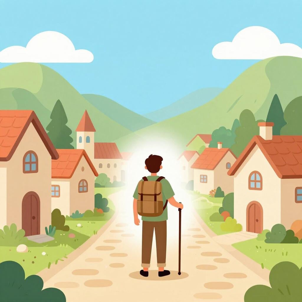 A traveler with a backpack and a wide-brimmed hat standing in a quaint village square, looking at the houses.
