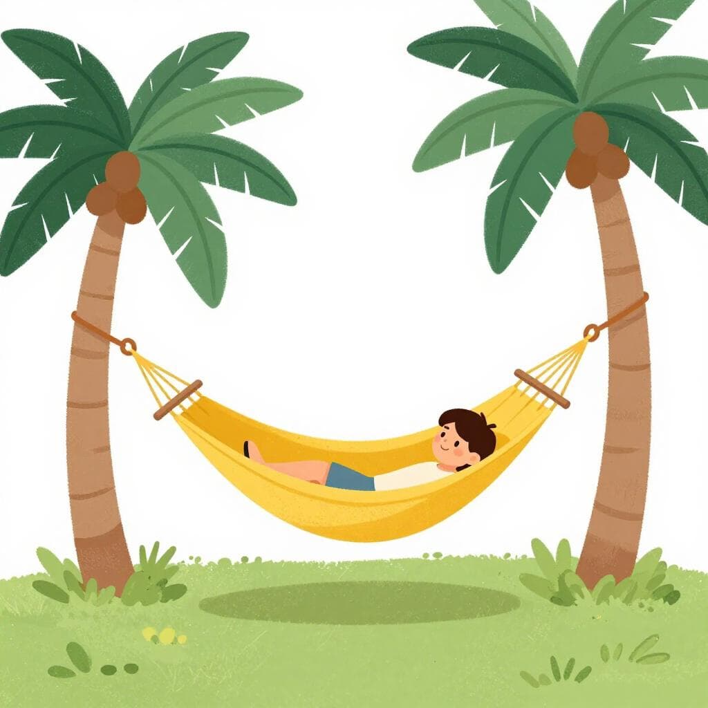 Uma ilustração colorida de uma pessoa pequena e sorridente relaxando pacificamente em uma rede amarelo-brilhante amarrada entre duas palmeiras verdes em um dia ensolarado de céu azul.