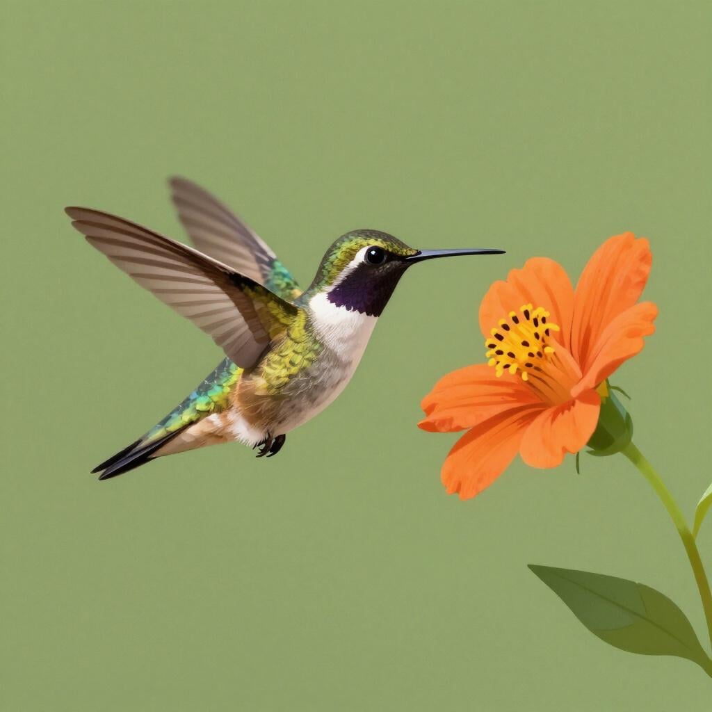 A hummingbird hovering mid-air with its wings blurred to show rapid movement.