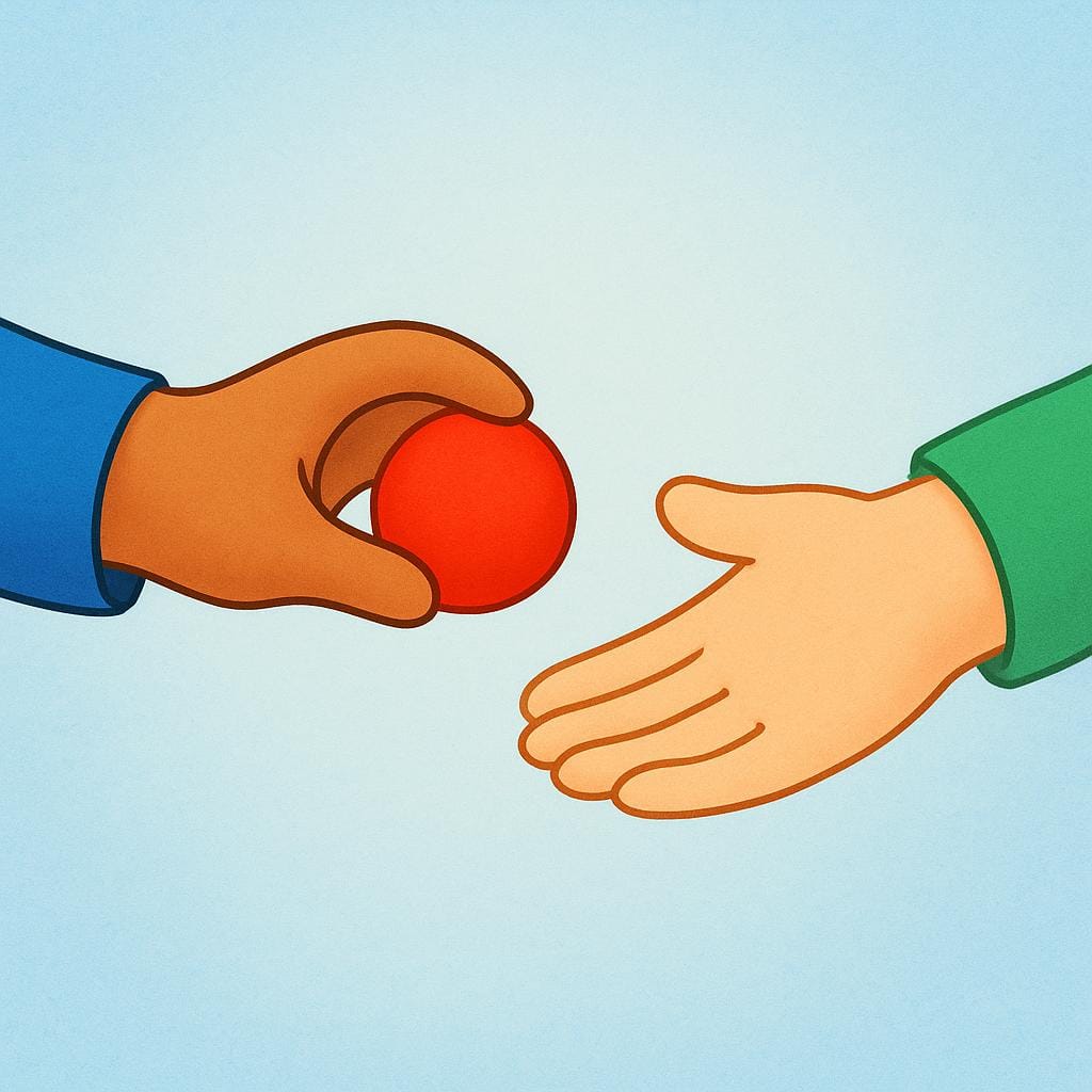 Due mani stilizzate in stile cartone animato si scambiano un oggetto di colore rosso vivo, a simboleggiare l'atto di restituire un oggetto.