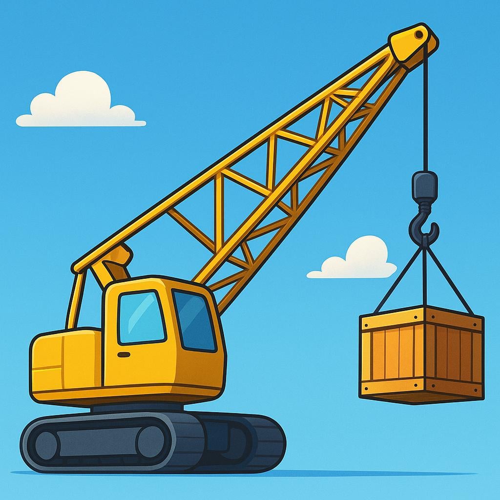 A tall yellow construction crane lifting a wooden crate high into the air.