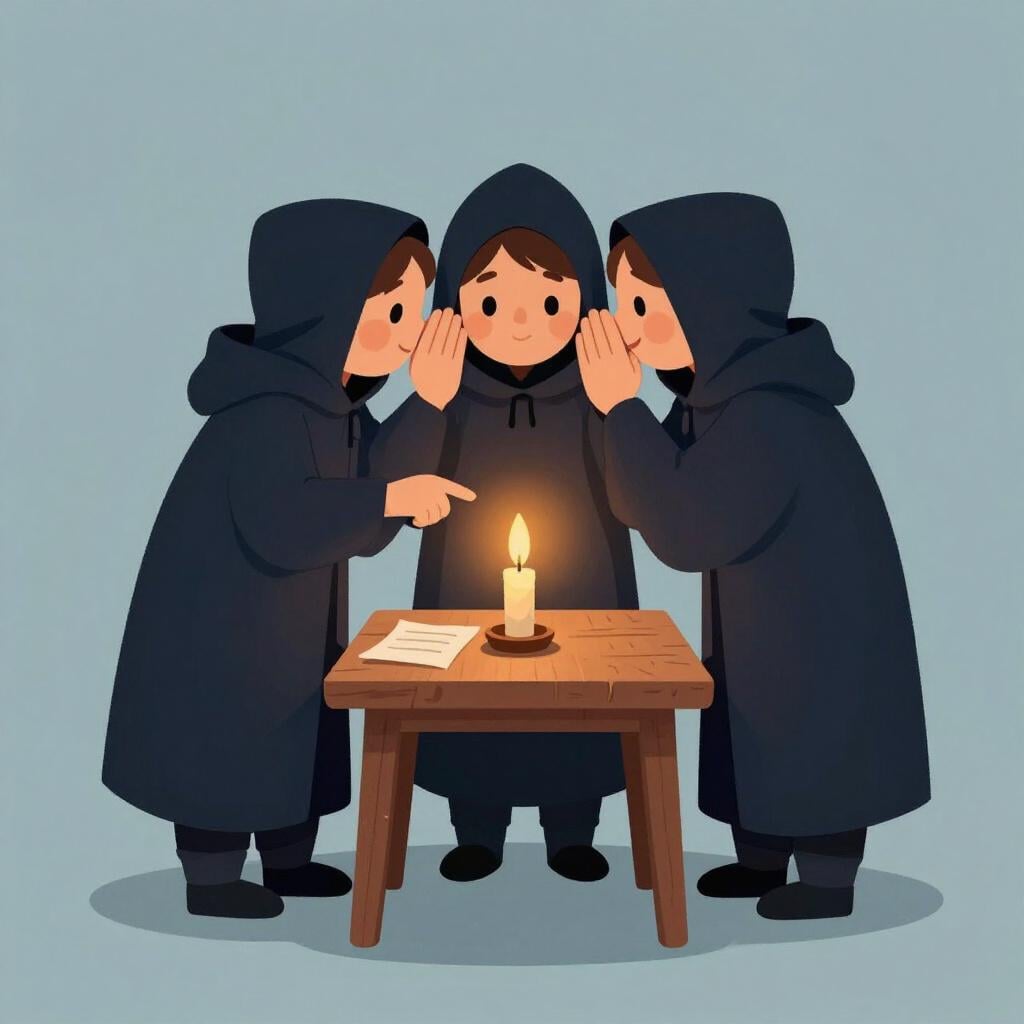 A group of three people wearing dark cloaks huddled together in a dimly lit corner, whispering and pointing at a map on a table.