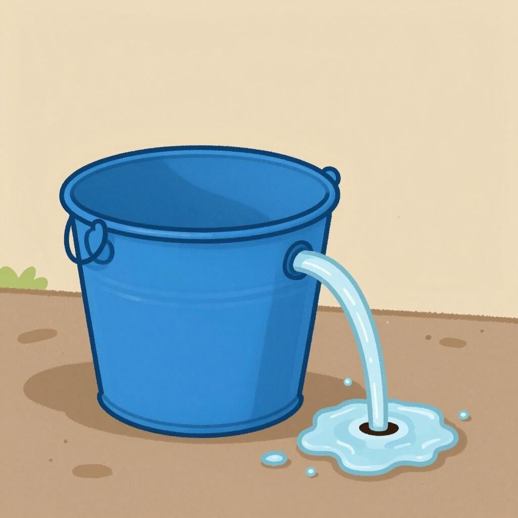 Ein leuchtend blauer Metalleimer, der auf nassem Boden steht, aus dem ein Wasserstrahl aktiv aus einem kleinen Loch am Boden austritt.