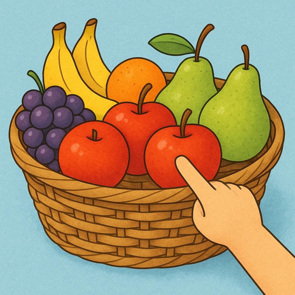Een hand wijst naar drie specifieke, kleurrijke appels in een grotere mand met gemengd fruit, wat het concept van het selecteren van 'bepaalde' items illustreert.