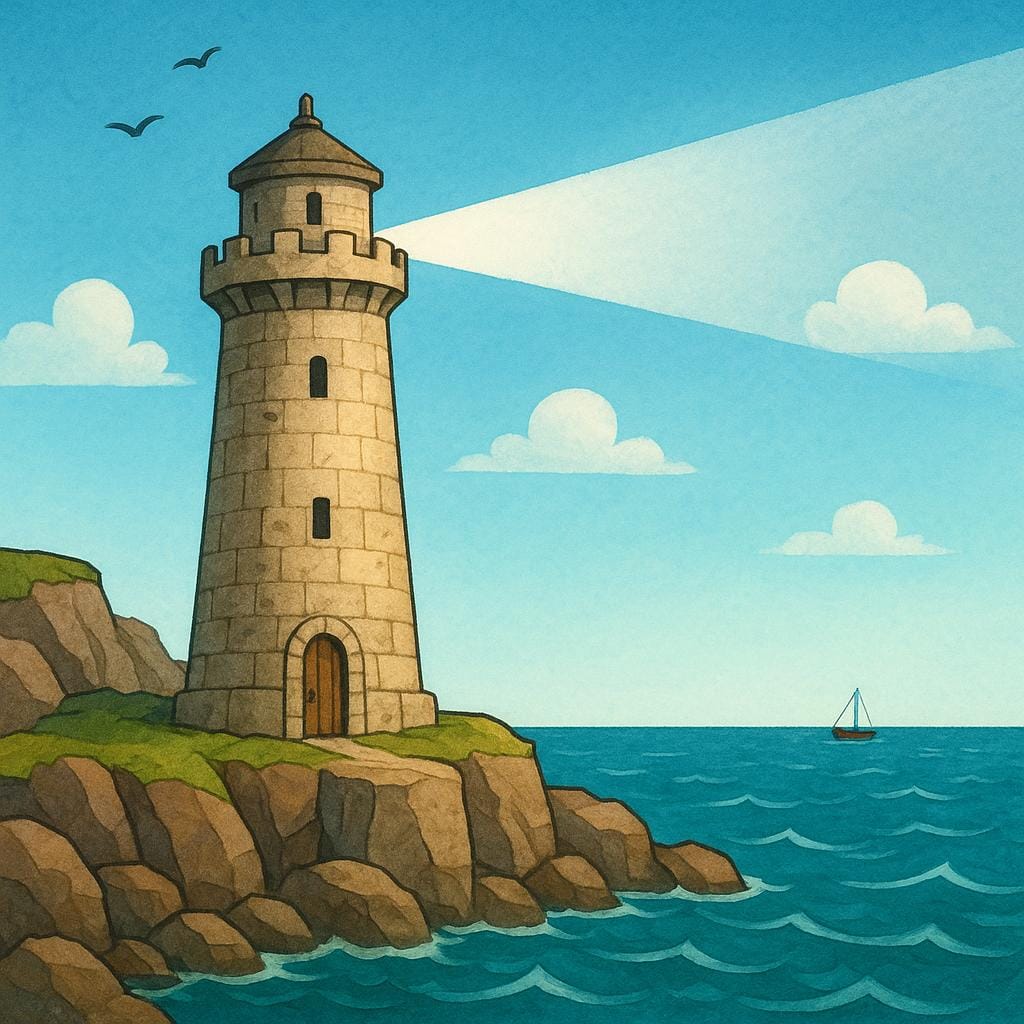 A very sturdy, ancient stone lighthouse stands firmly on a rugged, rocky coast. Its powerful light beam extends far out over the dark ocean toward the distant horizon, symbolizing endurance and continuation into the future.