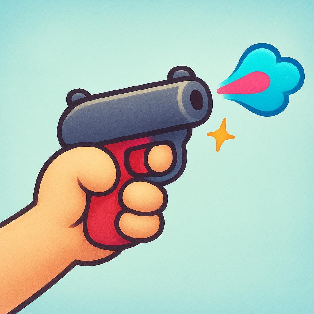 Une main de dessin animé tenant un pistolet stylisé, avec une bouffée de fumée et un petit projectile coloré s'échappant du canon.