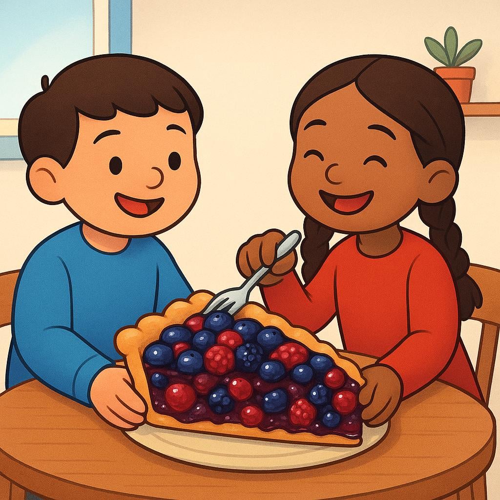 A simple storybook illustration of two people smiling as they share a single large slice of berry pie on a plate.