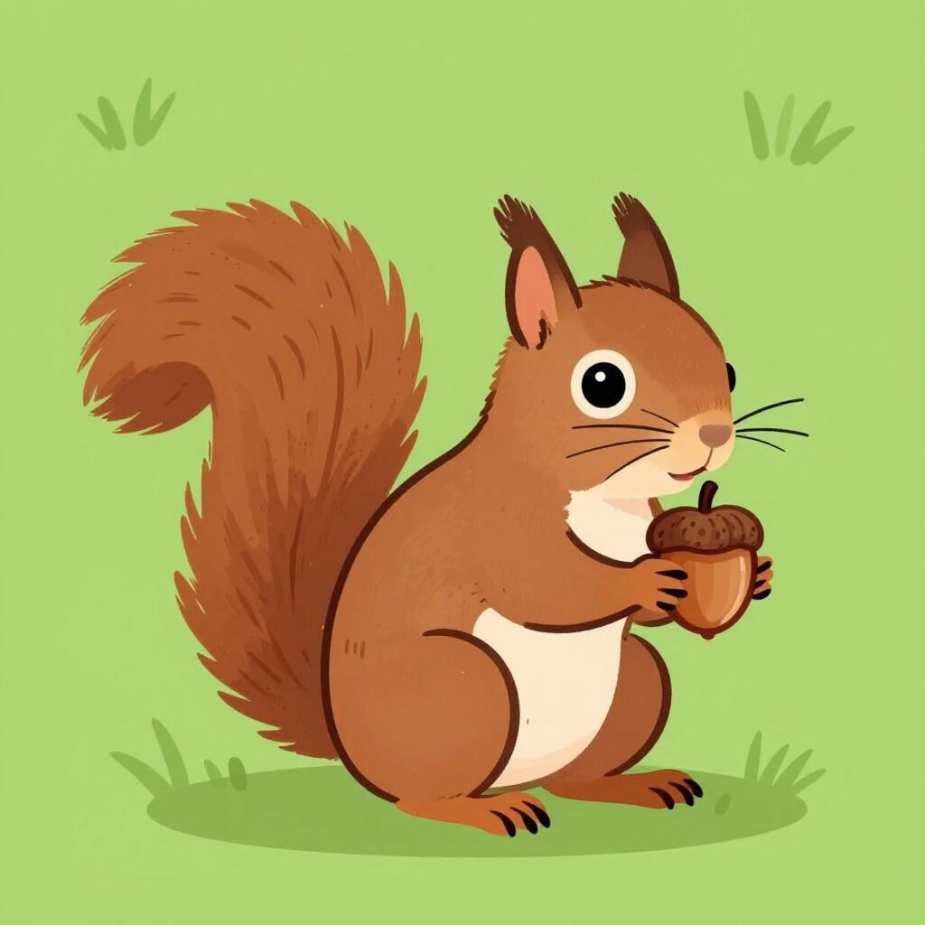 A small brown squirrel with a large bushy tail sitting on a green forest floor and holding an acorn.