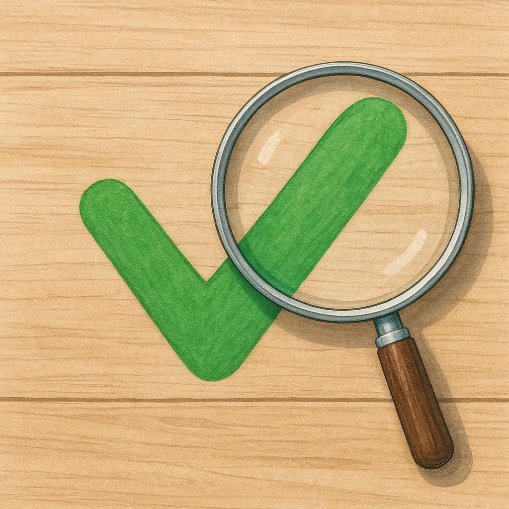 A person using a magnifying glass to look closely at a green checkmark on a wooden table.