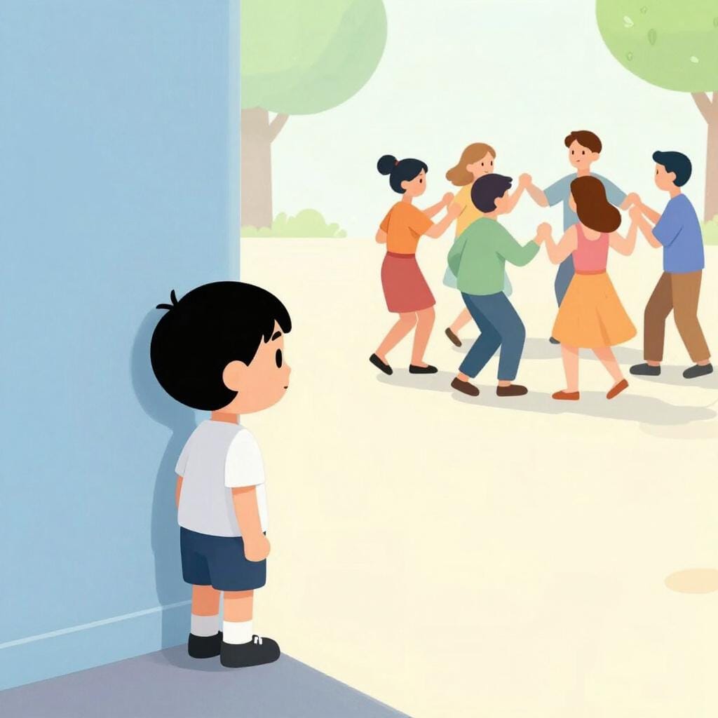 A shy person standing alone near a wall at a party while others dance in the background.