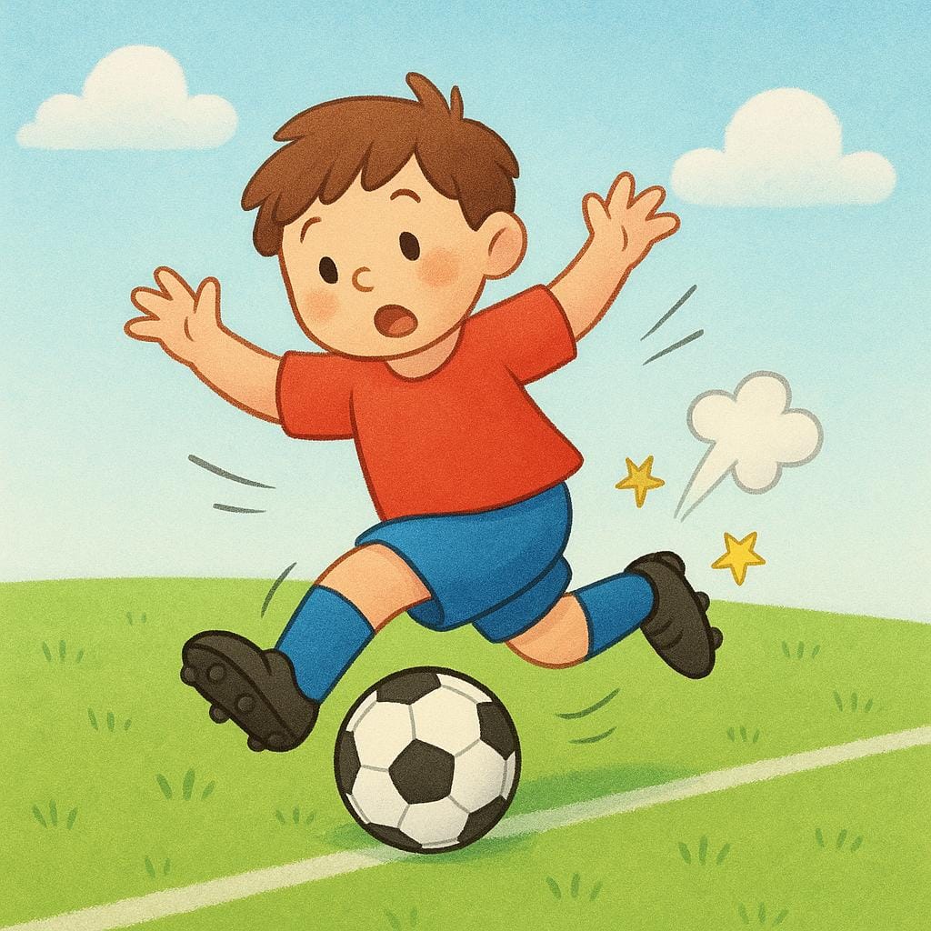 Een persoon op een voetbalveld die struikelt over een voetbal met een verwarde uitdrukking.