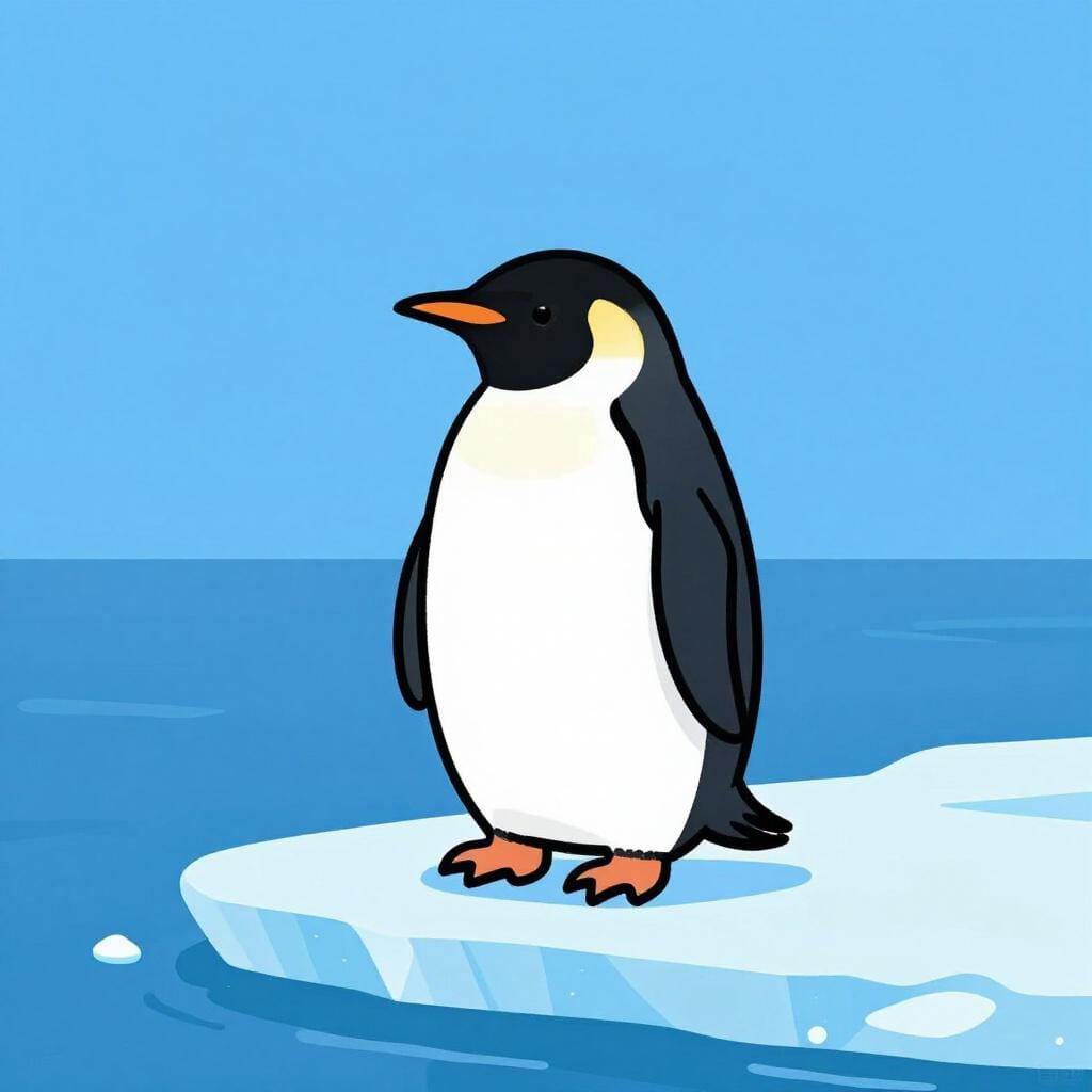 Un adorable pingouin noir et blanc debout sur un petit morceau de glace flottant dans une mer bleue.