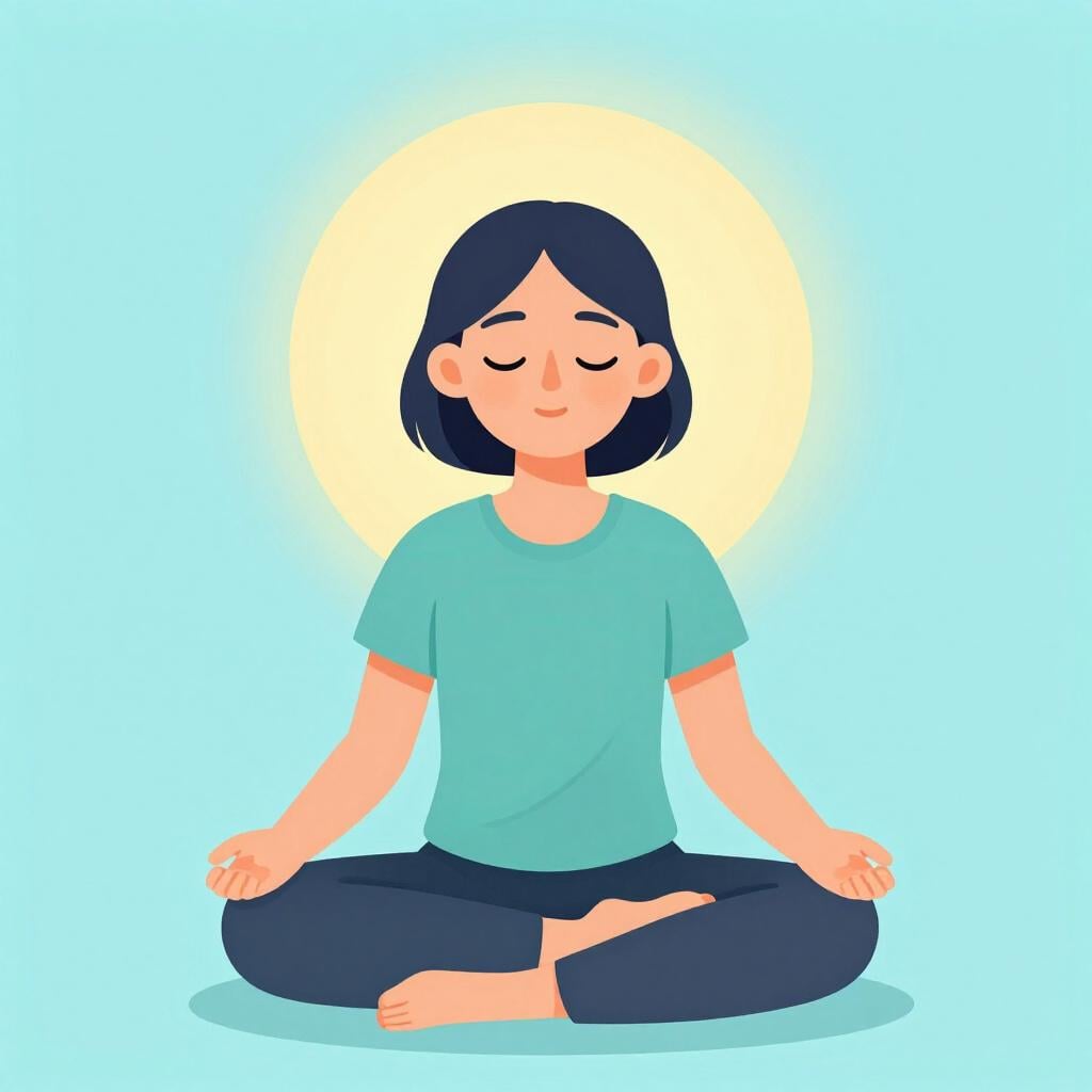 A person sitting cross-legged on a floor, eyes closed, with a single glowing light above their head representing concentration.