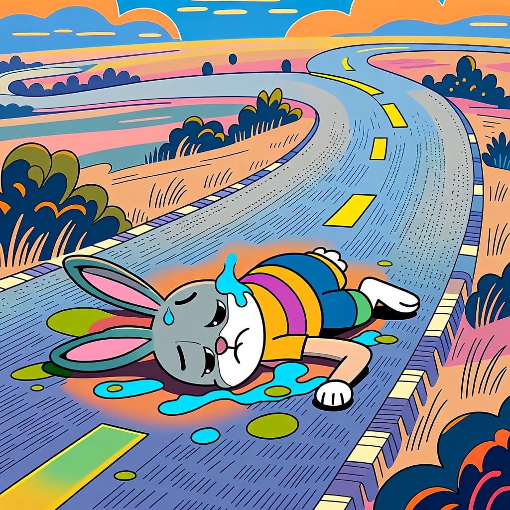 An extremely tired cartoon rabbit collapsed flat on a long, winding dirt road, covered in sweat and panting heavily, symbolizing over-exertion.