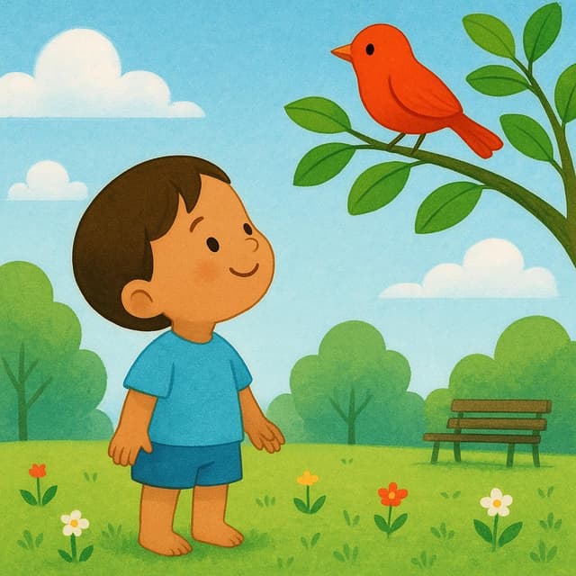 Ein kleines Kind schaut aufmerksam zu einem leuchtend roten Vogel auf, der auf einem Ast sitzt, und illustriert die Handlung des Schauens.