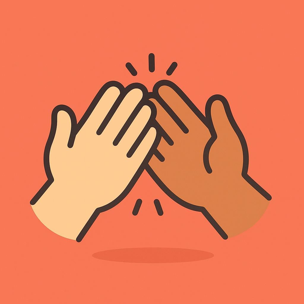 A simple illustration showing two human hands meeting in a clapping motion.