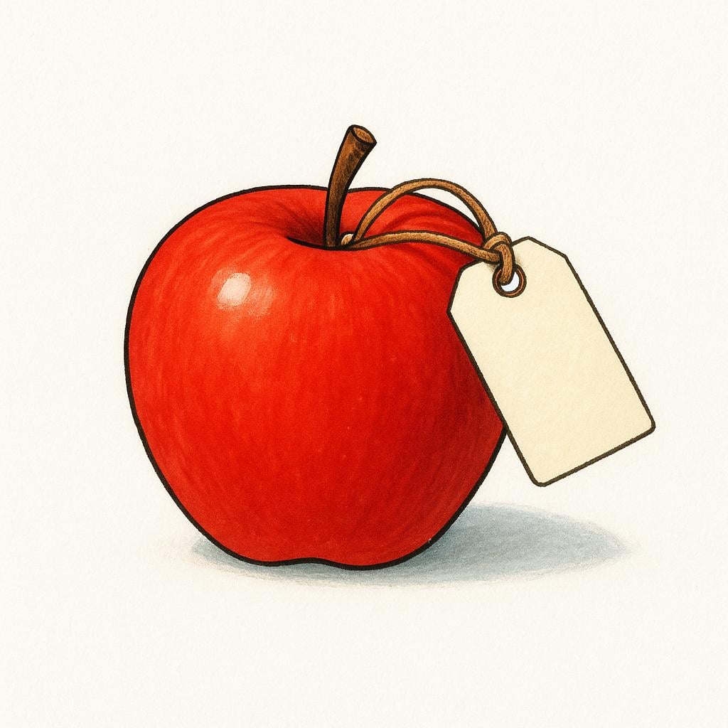 A bright red apple sitting on a white surface. A blank white price tag is tied to the apple's stem with a piece of string.