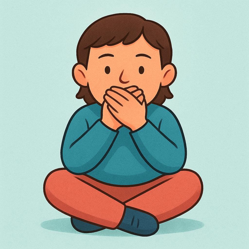 An illustration of a person sitting with their hands clasped firmly over their mouth, demonstrating the action of having kept silent or withheld information.