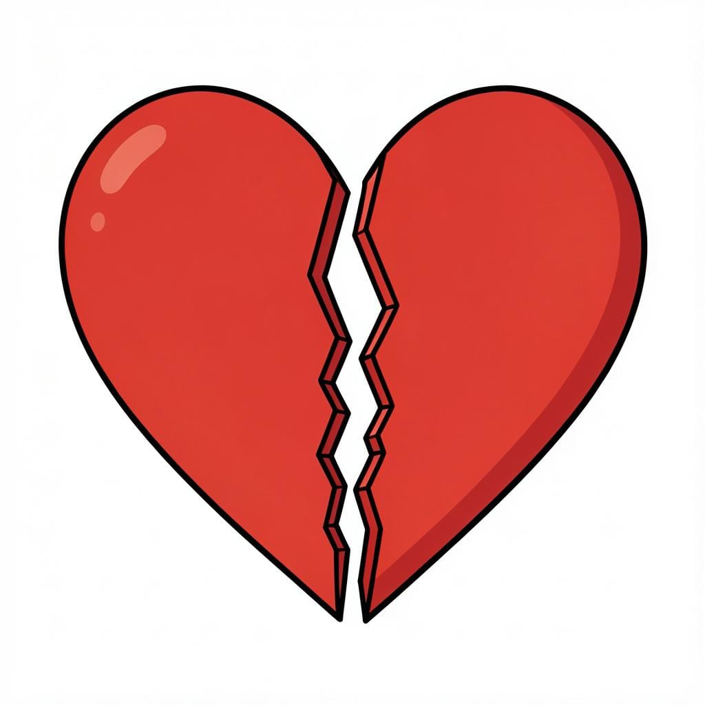 A broken red heart shape split down the middle with a sad expression.