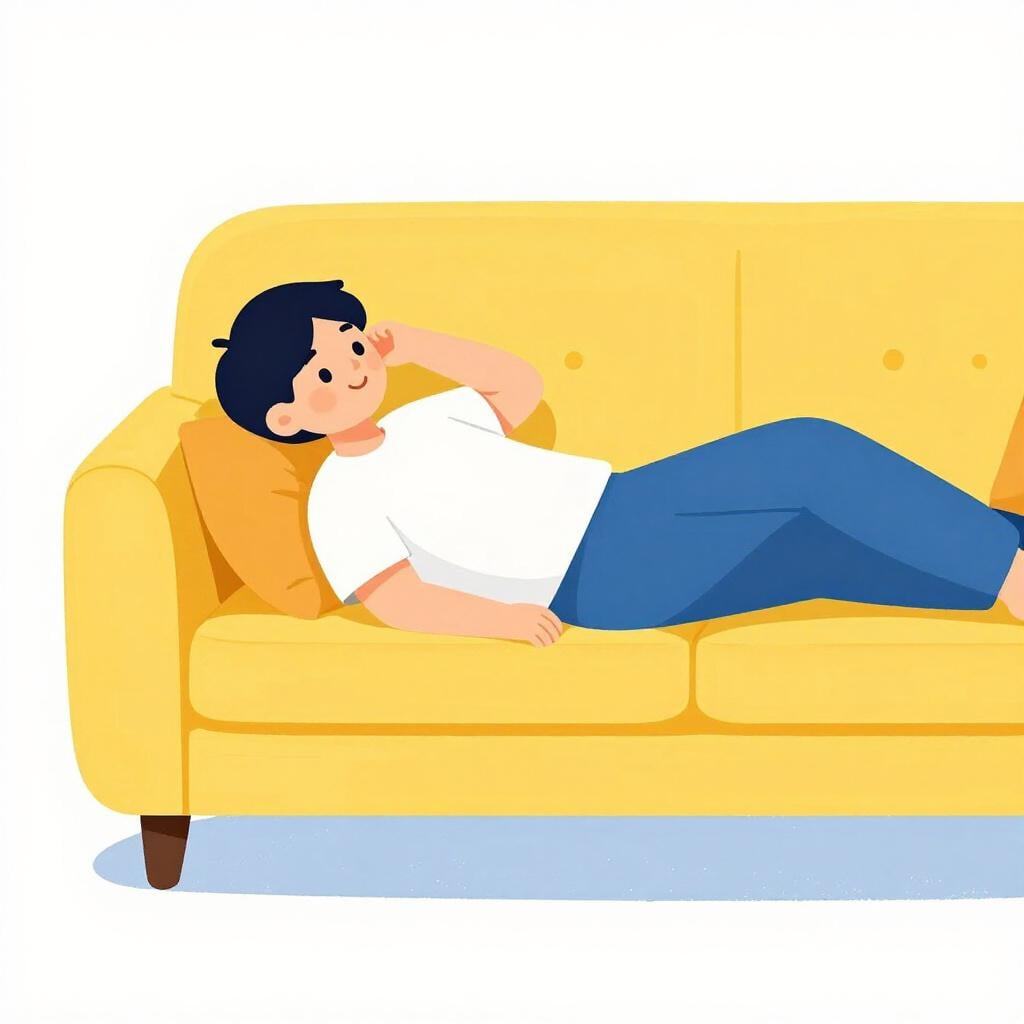 Una persona che riposa comodamente su un morbido divano giallo.