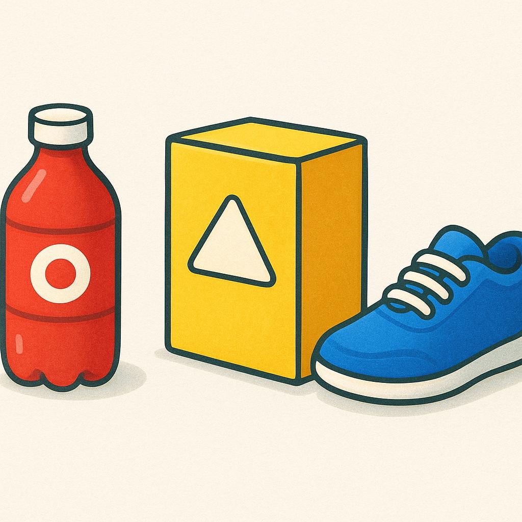 A row of three brightly colored commercial products: a soda bottle, a cereal box, and a shoe, each featuring a distinct, simple, stylized symbol representing a brand logo.