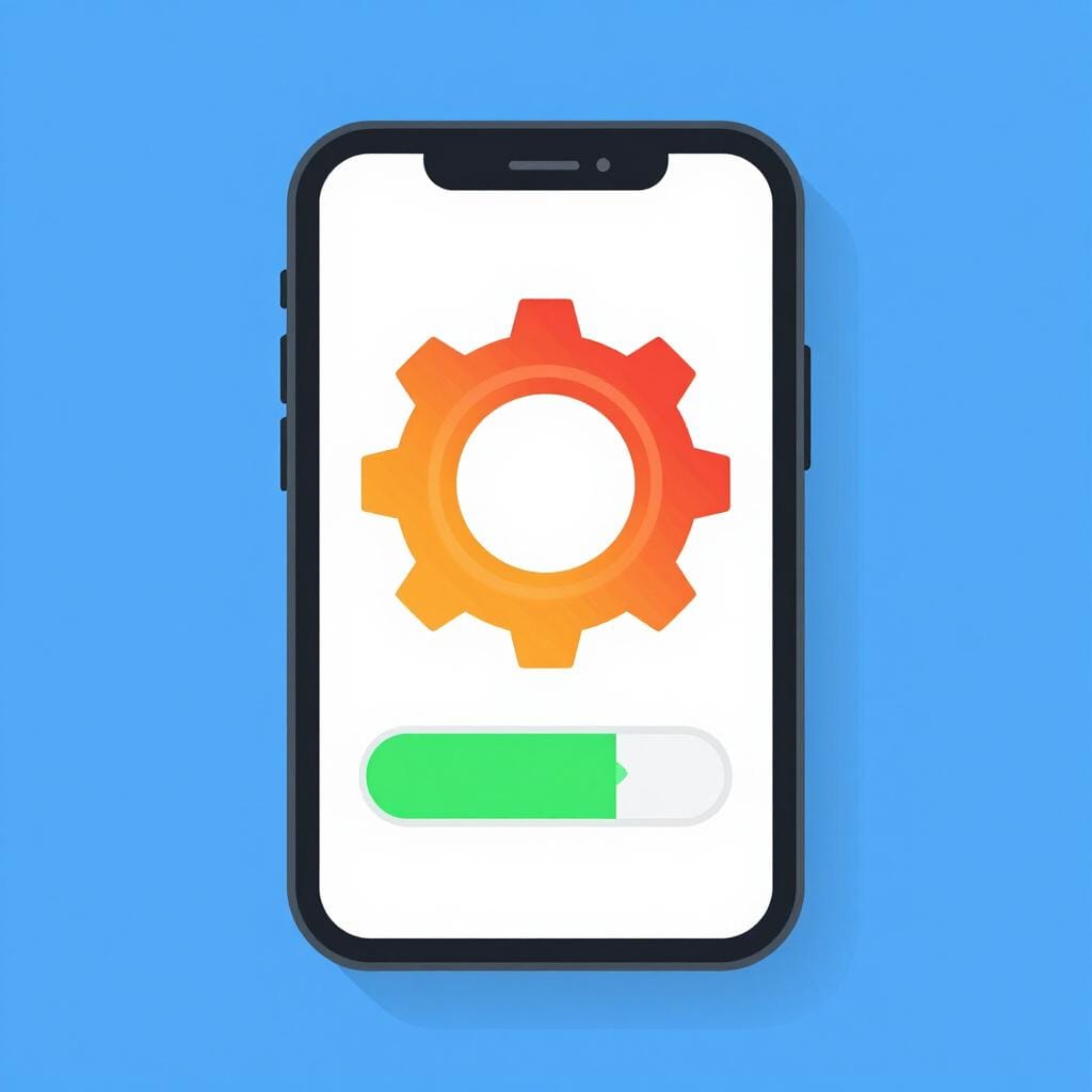 A smartphone screen showing a loading progress bar with a glowing gear icon.