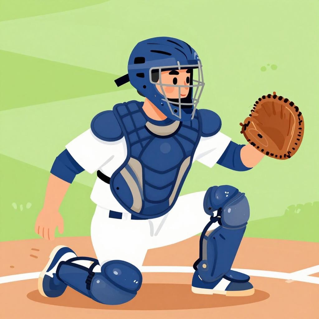 A baseball player wearing a helmet and a large padded glove, crouching in a ready position.