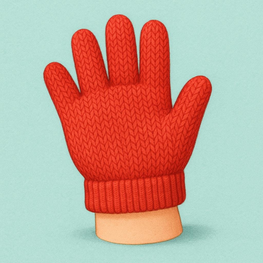 A small, simplified human hand is wearing a perfectly sized, bright red knitted glove, indicating a perfect fit.