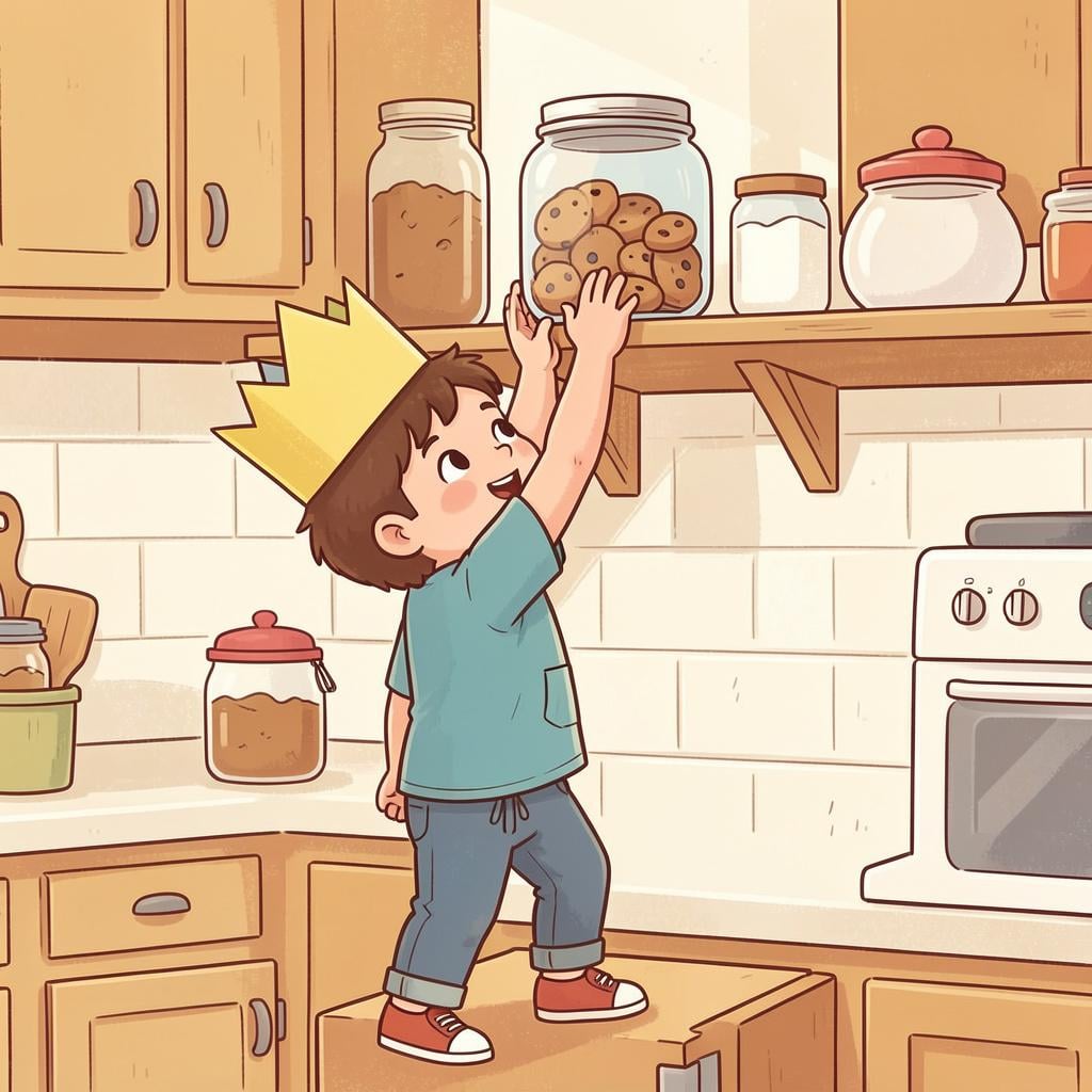 A child in a paper crown reaching for a high shelf to get a cookie jar.