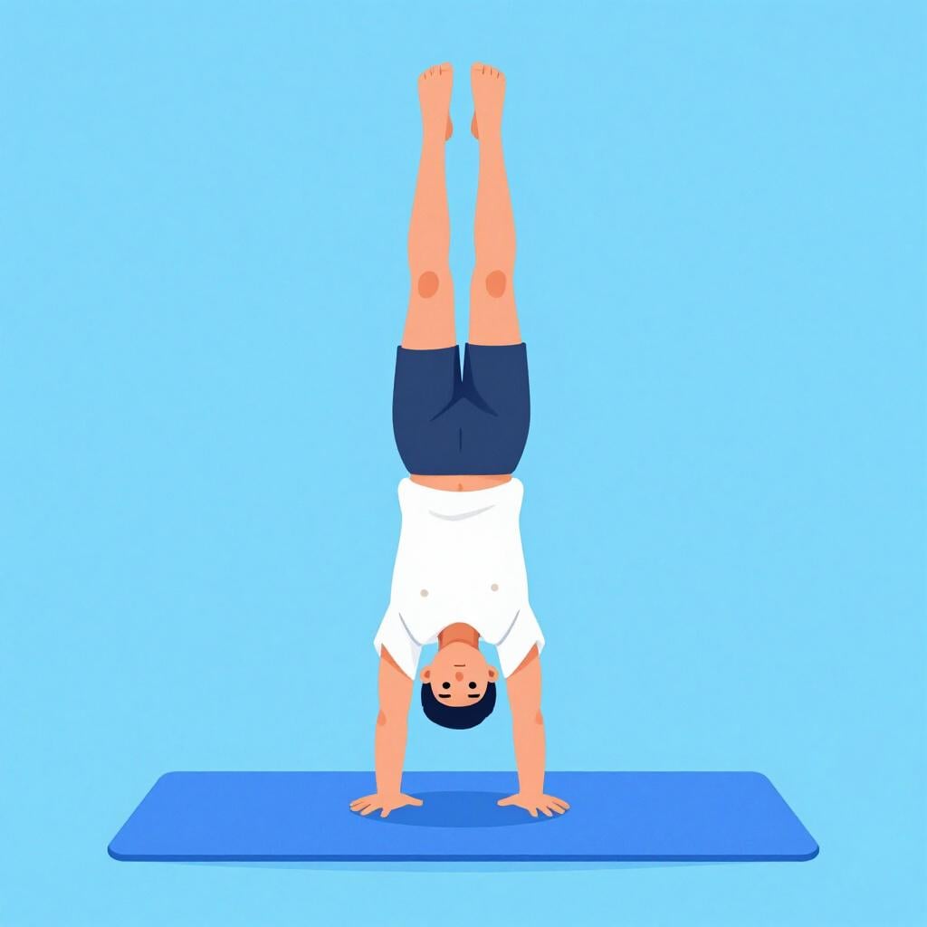 Uma pessoa a equilibrar-se sobre as mãos com as pernas esticadas para cima num tapete de ginástica.