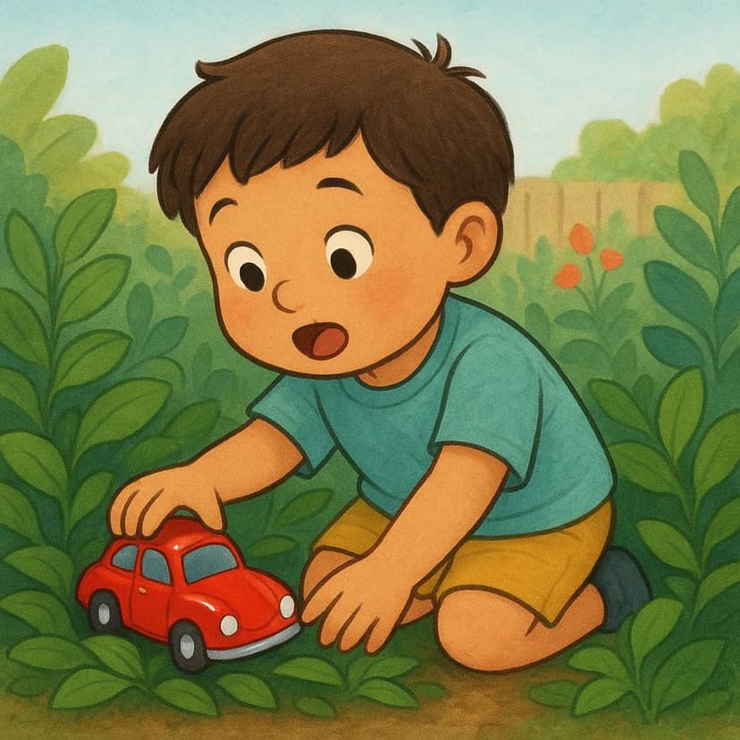 A storybook illustration showing a child kneeling in a garden, actively pulling a small, shiny red toy car out of a patch of green leaves, representing the continuous action of finding.