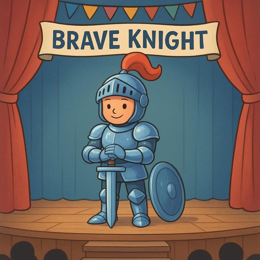 A colorful storybook illustration of a fantasy character, specifically a brave knight wearing shining silver armor and holding a sword, standing on a small wooden stage.