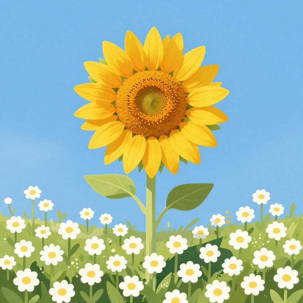 A single bright yellow sunflower standing much taller than a field of small white daisies.